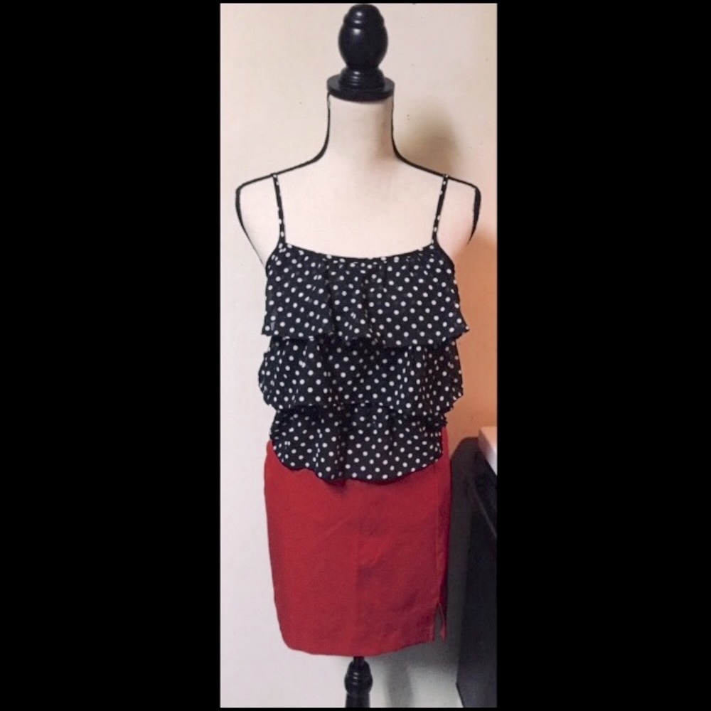 Outfit Top & Skirt Set: B&W Polka Dot Top w/ Ruffled Layers, Sz. S / Sz. M